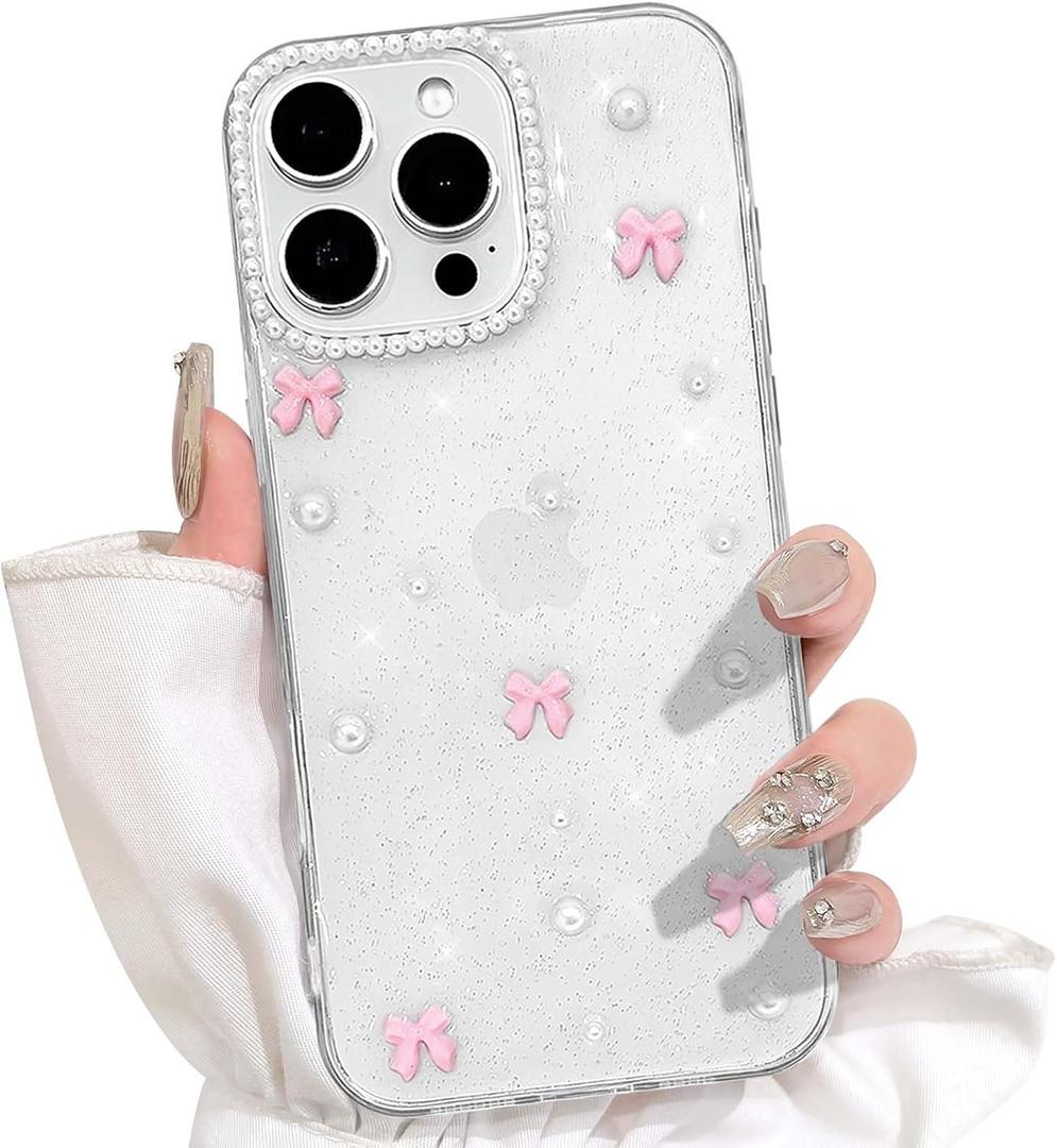 NITITOP Compatible with iPhone 16 Pro Max Case Clear Cute for Women Girls Glitter with 3D Bowknot Pattern Pearl Design Bling Sparkly Protective Phone Cover - Pink