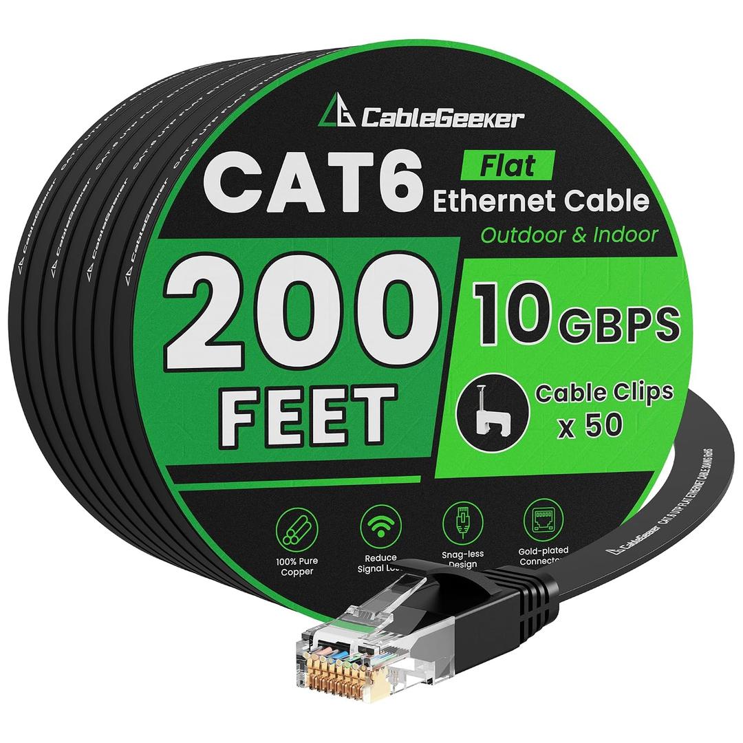 Cat 6 Flat Ethernet Cable 200ft, 10Gbps, Black