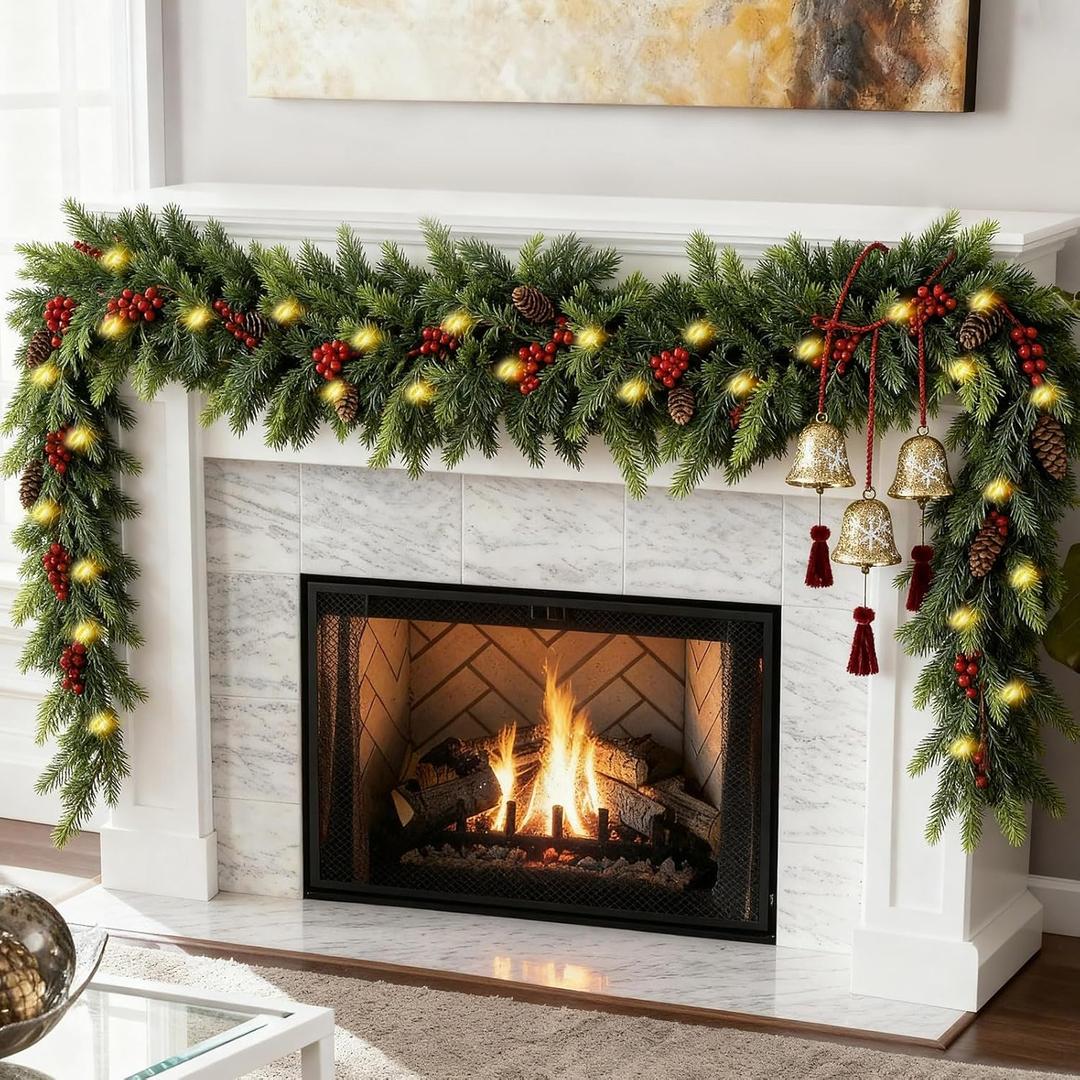 6 FT Christmas Cedar Garland, Real Touch Soft & Thickness Greenery Pine Garland with Lights Battery Operated for Mantle Table Fireplace Outdoor Indoor Christmas Decor