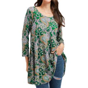 ENMAIN Women's Tops 3/4 Sleeve Dressy Casual Plus Size Tunic Tops to Wear with Leggings Swing Flare T-Shirt Loose Fit Blouses (B5-green Paisley)