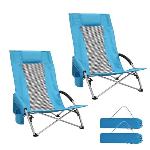MKSY High Back Beach Chairs,2Pack Protable Folding Chair for Adults,Foding Camping Chairs with Carry Bag Cup Holder for Beach,Fishing Outside（Bue）
