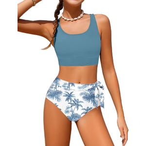 Girl Swimsuit Bikini Set Tropical Print Bathing Suit Two Piece Girls' Swimwear with Tie Side Knot 7-14T (15-16 Years, Dark Blue)