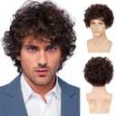 Short Curly Brown Wigs for Men Short Layered Natural Looking Hair Heat Resistant Synthetic Wigs with Wig Cap