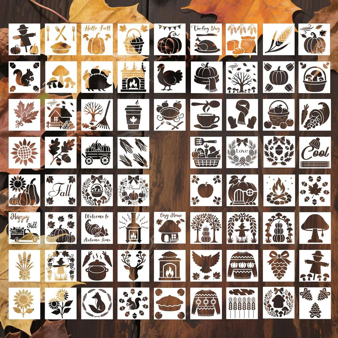 70pcs Fall Painting Stencils, 3x3in Thanksgiving Reusable Autumn Templates for DIY Crafts on Wood Canvas Fabric Wall Porch Home Decor