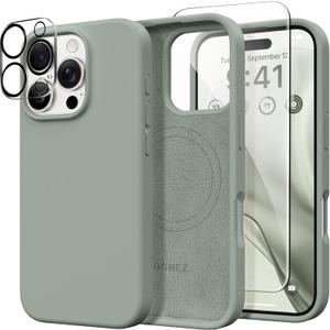 GONEZ Magnetic for iPhone 16 Pro Max Case, Compatible with MagSafe, Liquid Silicone Case, with Screen Protector + Camera Protector, Full Body Protective Shockproof Phone Cover 6.9", Calke Green