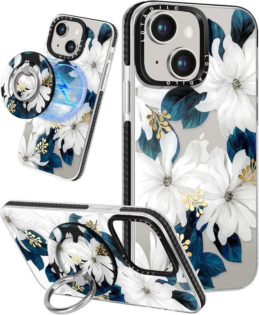 for iPhone 15 Case for Women - Girls Kawaii Design Compatible with Magsafe Magnetic Ring Holder Stand Blue Flower Phone Covers Aesthetic Girly TPU Funda for 15