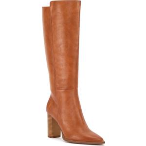 Juliet Holy Women's Knee High Boots Stacked Block Heel Pointed Toe Riding Boots (6.5, Brown)