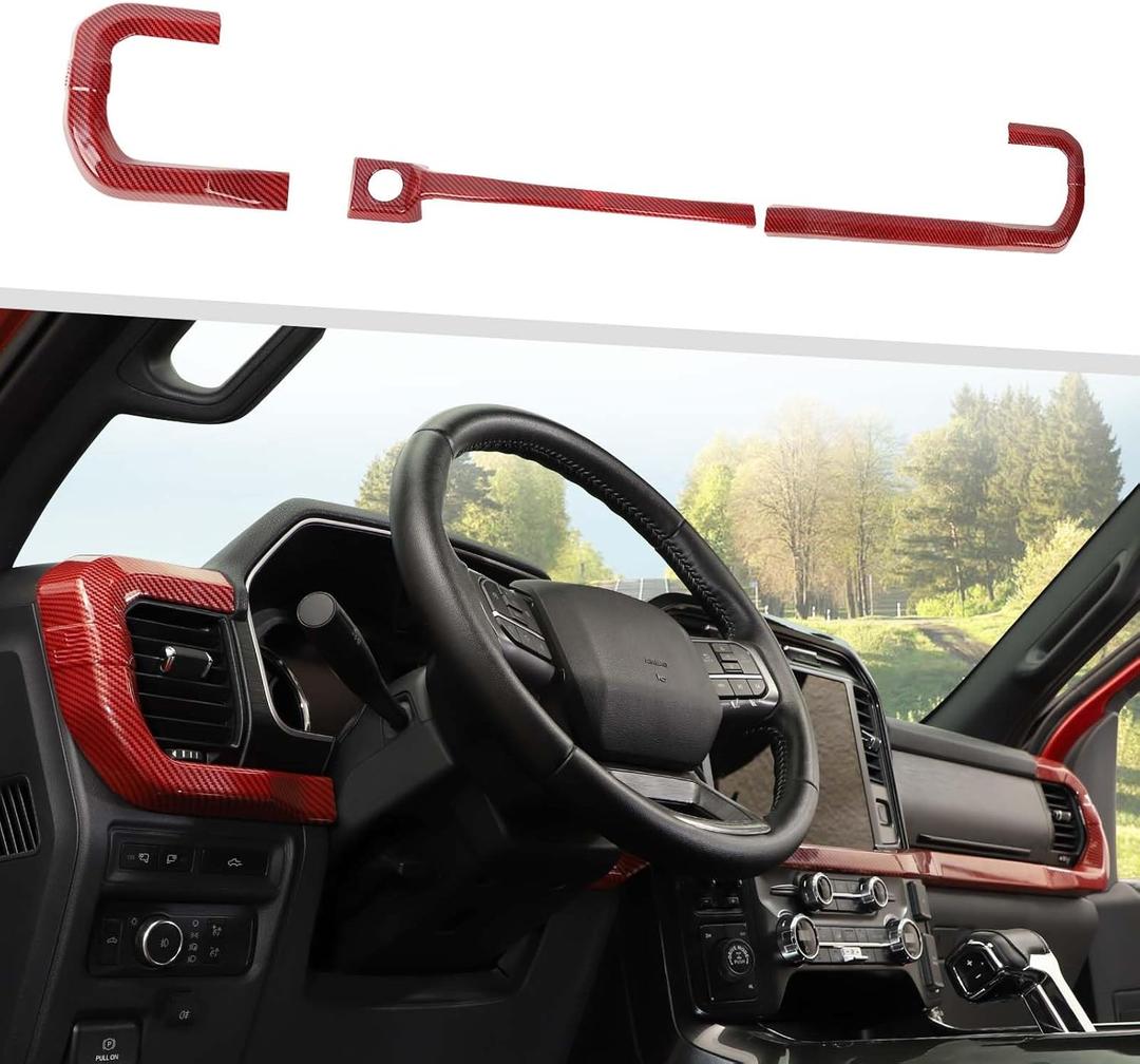 Jimen Compatible with Ford F150 2021-2024, 3PCS Center Console Dash Panel Dashboard Cover Interior Trim Accessories (Red Carbon Fiber)