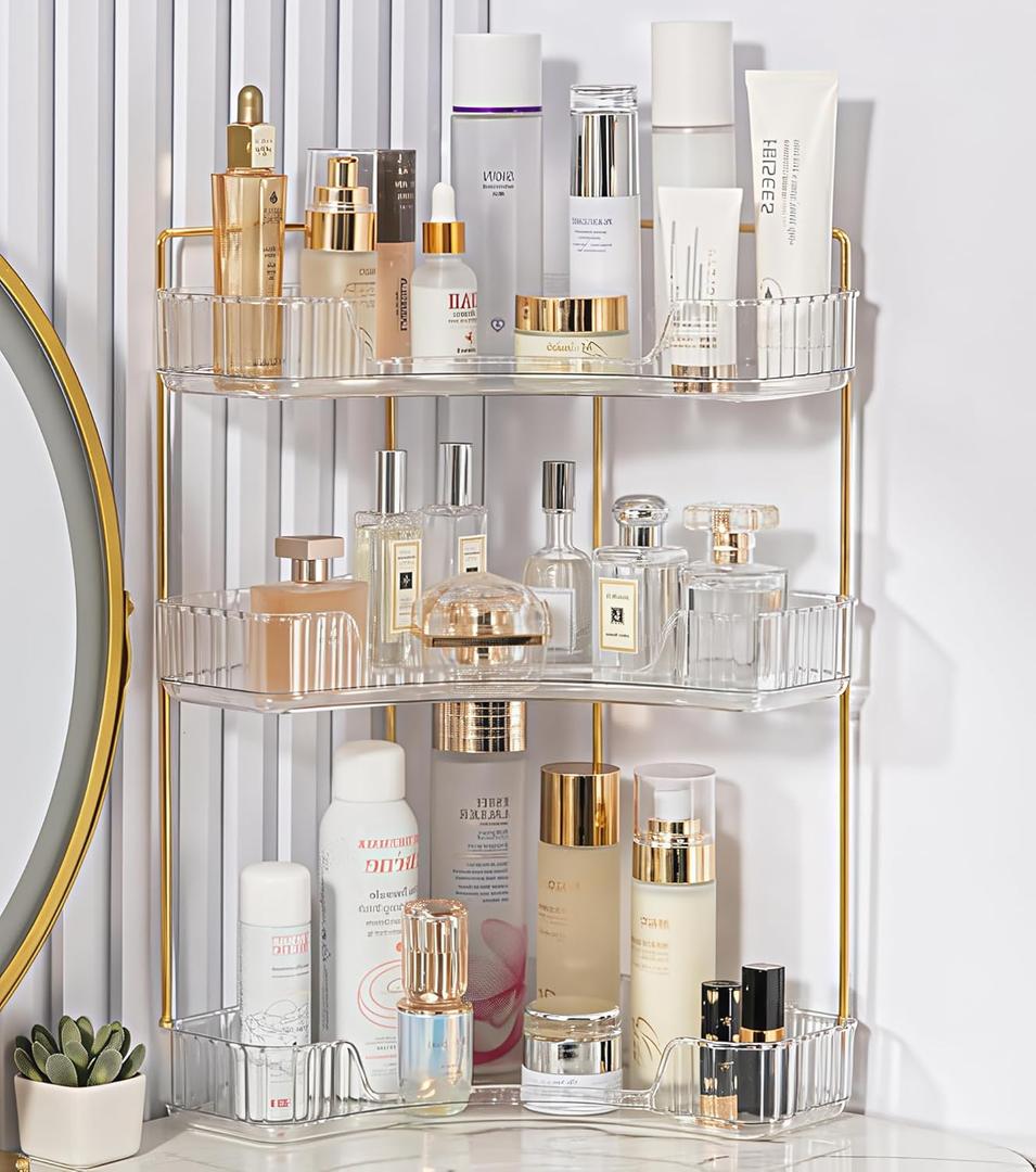 Corner Bathroom Counter Organizer Bathroom Countertop Shelf Makeup Organizer for Vanity Perfume Tray for Corner Storage (3 Tiers, Clear)