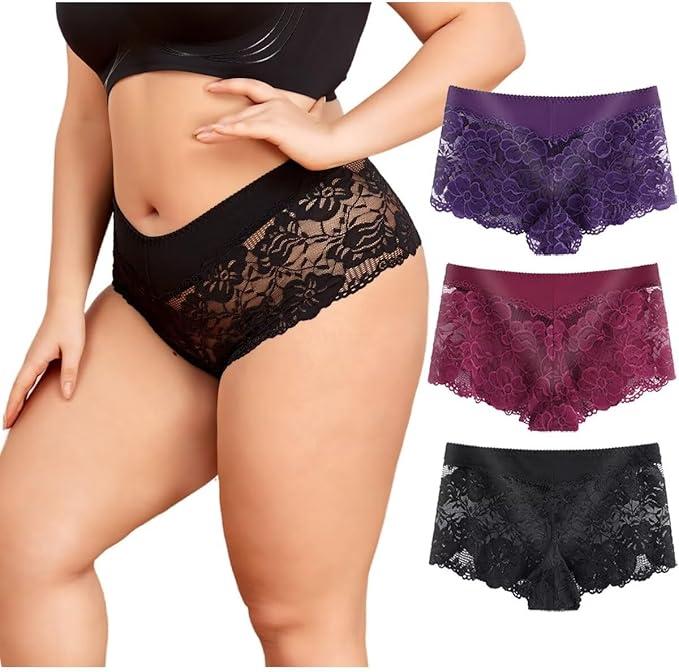 Timothee Women's Underwear Regular & Plus Size Panties Lace Boyshorts Hipster Panty Soft Cheeky Panties - Pack 2, M