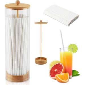 Clear Straw Holder Dispenser for Counter, Drinking Straw Organizer Container with Bamboo Lid Transparent Straws Storage Holder, Include 100 Straws(White)