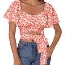 Rooscier Women's Ruched Wrap Ruffle Flare Square Neck Short Sleeve Self Tie Crop Top Blouse Floral Pink Small (S)