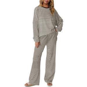 Panadila Womens 2 Piece Lounge Sets Striped Long Sleeve Pajama Set Oversized Tshirts Wide Leg Pant Loungewear (Small, Coffe Brown Combo)