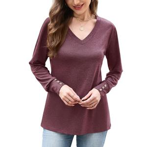 Misakia Women's Long Sleeve Shirts Dressy Casual Cute V Neck Loose Fit Summer Tops Buttons Flowy Tunic Soft Fall Winter Tops 2025 Shirts Business Outfits Ladies Tops C-wine Red (Red, L)