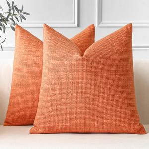OTOSTAR Pack of 2 Throw Pillow Covers 24x24 Inch Linen Orange Pillowcases Farmhouse Decorative Solid Pillow Covers 60x60 cm Square Cushion Case for Home Decor Sofa Couch Bed (Orange)