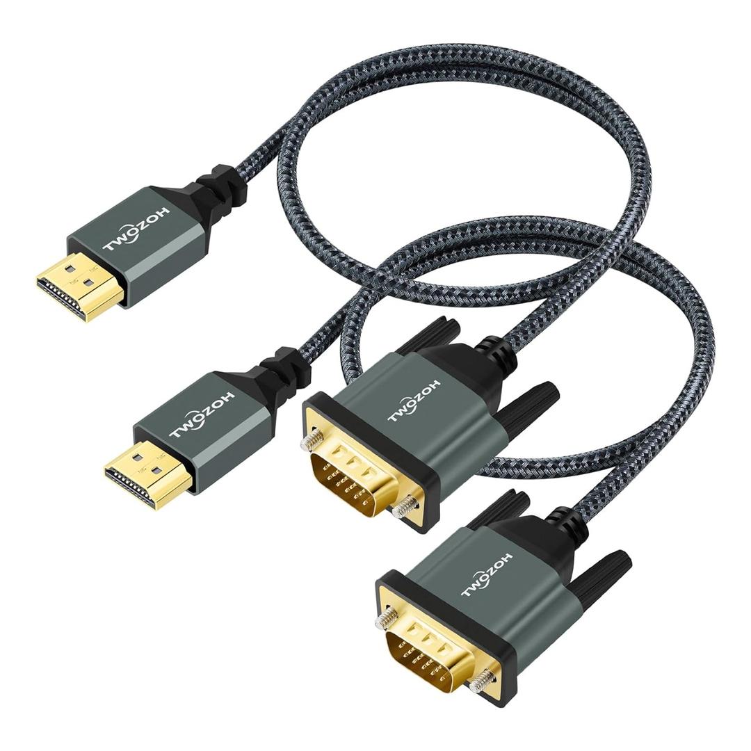 Twozoh HDMI to VGA Cable 5FT 2 Pack. Aluminum Alloy Shell Nylon Braided & Gold-Plated HDMI VGA Support 1080P/60HZ for Desktop, Laptop, PC, Monitor, Projector, HDTV