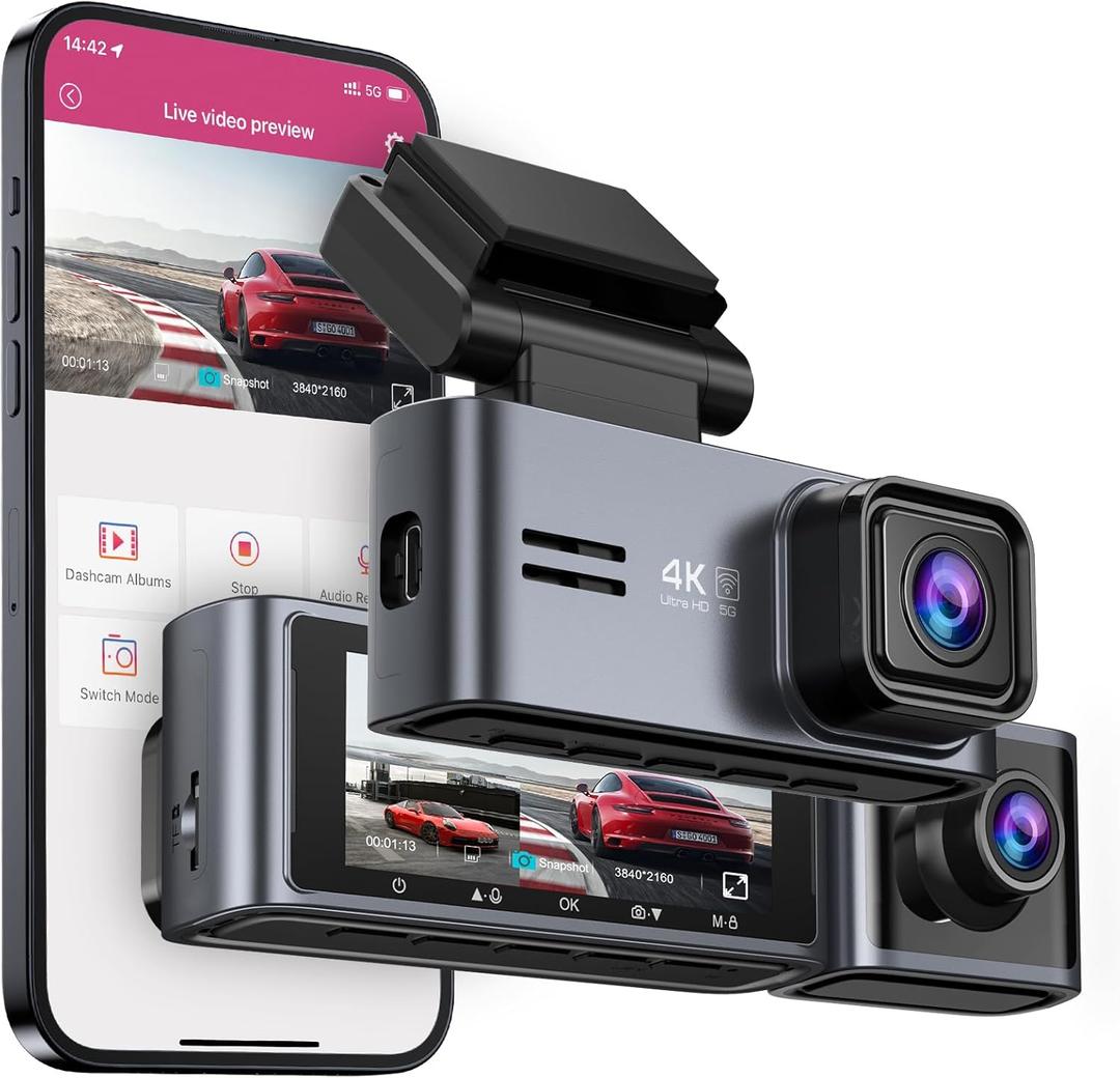 OMBAR Dash Cam Front and Inside, 5G WiFi GPS Dash Cam 4K+1080P Included 64GB Card with 3.18" LCD Screen, Dash Camera for Cars 24/7 Recording, Dash Camera with IR Night Vision, WDR, G-Sensor, App