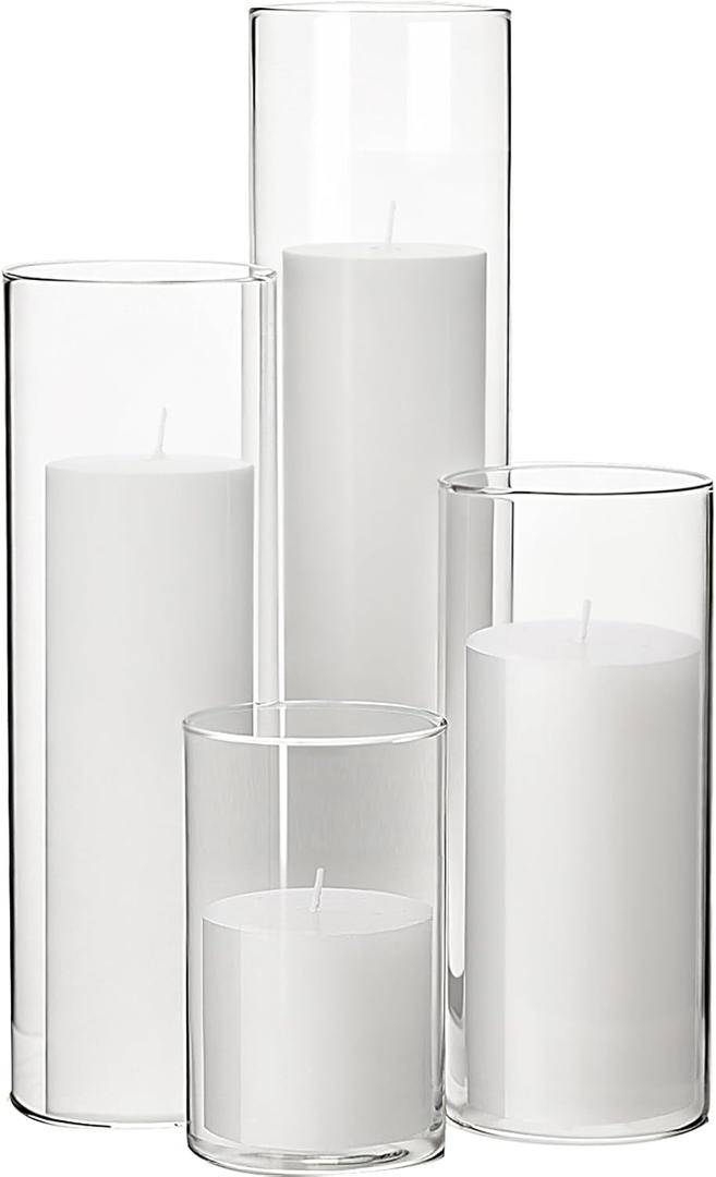 Shihanee Set of 4 White Pillar Candles and Glass Cylinder Vases 4 Sizes Clear Cylinder Candle Holders for Pillar Candles Home Table Centerpieces Decoration (2.6'' X 3.9'',5.9'',7.9'',9.8'')