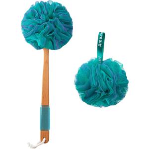 AmazerBath Shower Sponge Loofah Back Scrubber, PE Soft Mesh Loofah Body Scrubber with Long Wooden Handle, Bath Sponge for Men Women (Green)