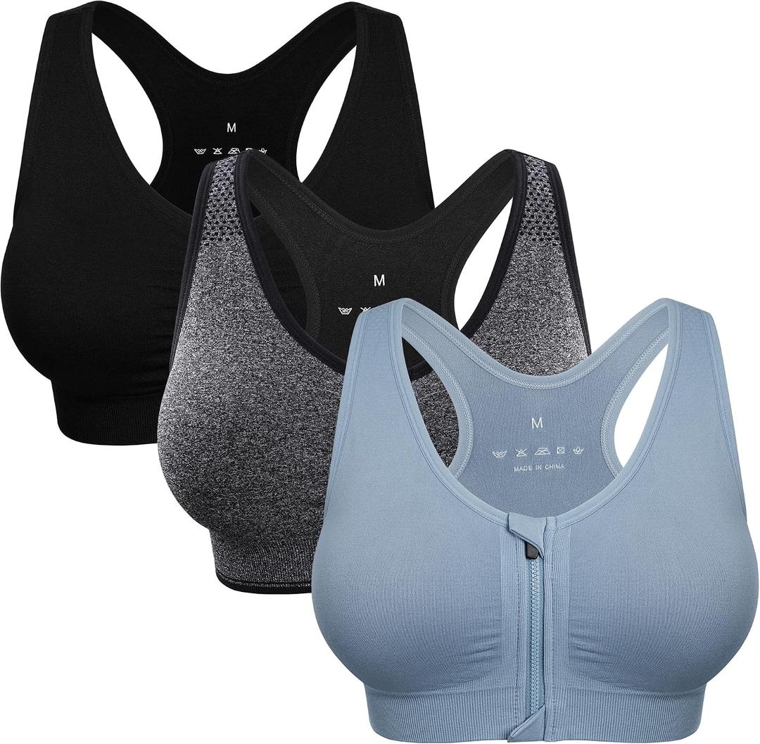 Women's Zip Front Sports Bra Wireless Post-Surgery Bra Active Yoga Sports Bras (Black, L)