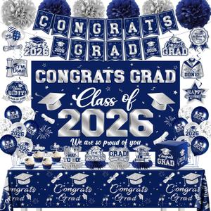 2026 Graduation Decorations Kit - Navy Blue Silver Class of 2026 Party Decor with Congrats Grad Banner Backdrop Hanging Swirls Paper Pompoms Balloons for High School College Graduation Party Supplies