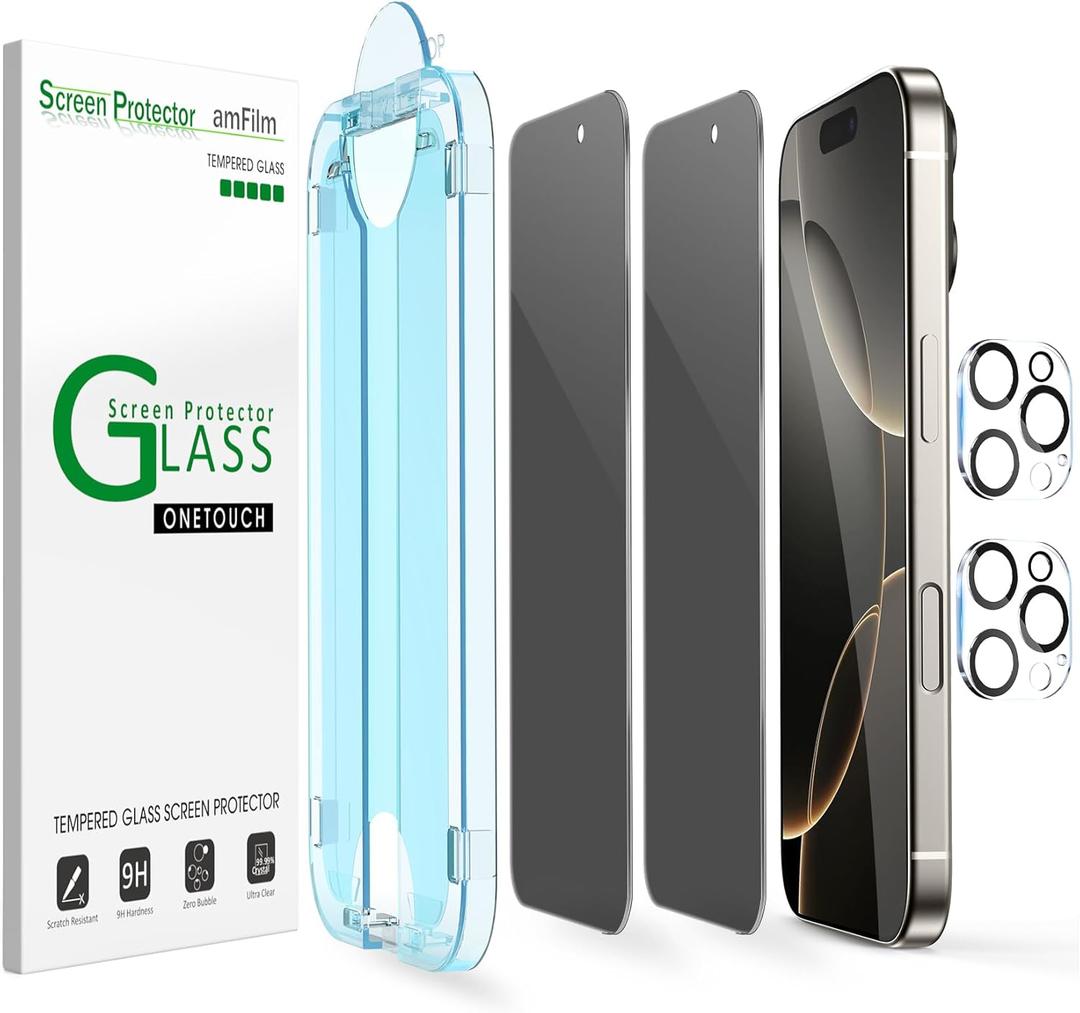 amFilm Auto-Alignment OneTouch for iPhone 16 Pro [6.3''] privacy Screen Protector,Tempered Glass, 30 seconds Installation, Bubble Free, Case Friendly, Anti-Scratch [2Pack]
