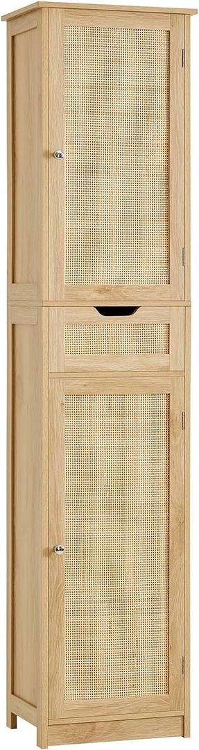 Iwell Tall Narrow Storage Cabinet with Doors, Rattan Cabinet with Adjustable Shelves, Freestanding Linen Storage for Living Room, Entryway, Kitchen, Bathroom, Natural