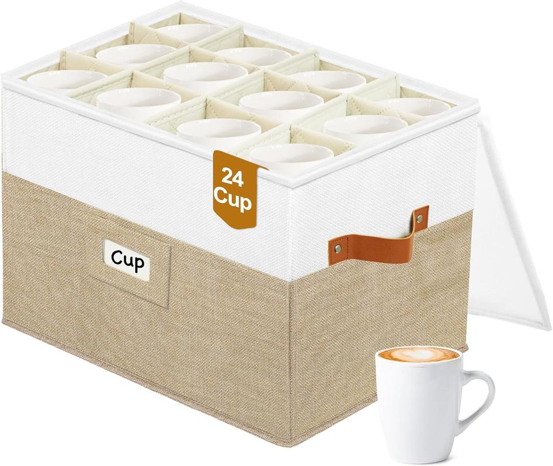 2-Layer Mug Storage Organizer,Quilted Cup Box,China Storage Containers for 24 Tea Cups or Coffee Mugs with Clear Hard Lid,Stackable Tea Storage for Moving(Beige)