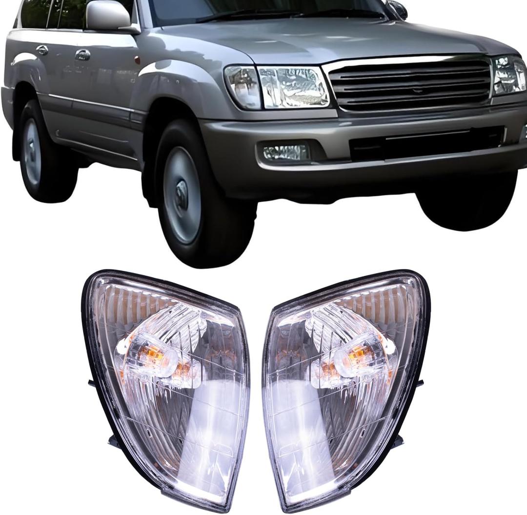 Pair Front Corner Indicator Lamps Compatible with Toyota Land Cruiser FJ100 LC100 HZJ105 Compatible with Lexus LX470 1998-2005 Chrome Turn Signal Lamp W/Bulbs Replace 81520-60360 81510-60490