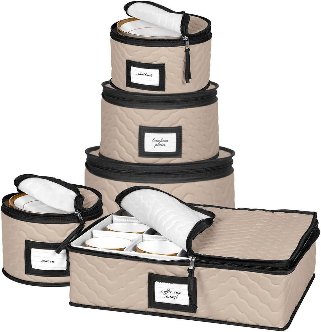 China Storage Containers 5-Piece Set Moving Boxes for Dinnerware, Glasses, Plates, Mugs and Saucers Sturdy Quilted Microfiber Dish Organizer with Dividers for Seasonal Storage - Holds Set of 12, Brown