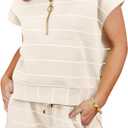 Fisoew Womens Summer 2 Piece Outfits Striped Short Sleeve Zipper Shirts Casual Shorts Loose Lounge Short Sets (Large, Apricot)