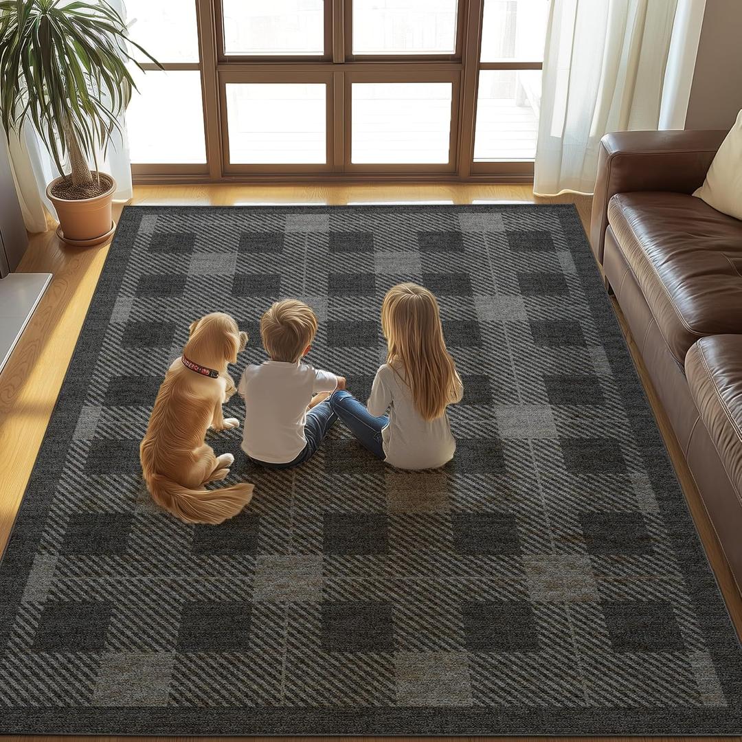 Washable 9x12 Checkered Rug for Living Room, Black Grey Checkerboard Modern Minimalist Large Foldable Area Rug, Ultra-Thin Low Pile Soft Nonslip Carpet for Home Office Bedroom Playroom Classroom Kid
