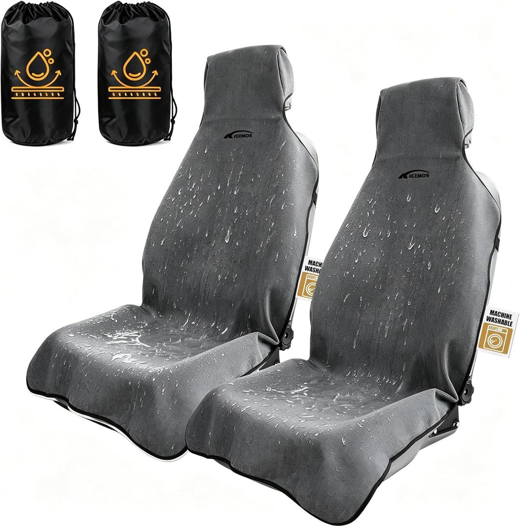 2 Pack Towel Car Seat Covers, Waterproof Washable Front Seat Protectors with Soft Terry Cloth, Non-Slip Backing, Universal Fit for Cars SUVs Trucks,Gym,Beach,Pets, Kids,Road Trips (Gray)
