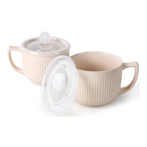 ZEBERBO Ceramic Soup Bowls with Vented Lid, 32 Ounce Soup Mug with Handle, 2packs 5 inch Jumbo Soup Cups, Wide Large Cereal Bowl for Oatmeal, Gumbo Salad, Microwave Oven Safe (Latte)