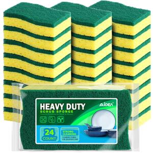 AIDEA Sponges Kitchen, Heavy Duty Scrub Sponge-24Count, Sponges for Dishes, Cellulose Dish Sponge, Scrubbing Power for Tough Messes, Cleaning Power for Non-Coated Cookware, Dishes, Pots, Pans (Green)