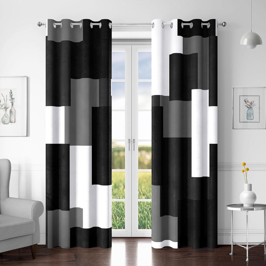 Black Grey 100% Blackout Curtains for Bedroom 84 inch Long 2 Panels Set White Gray Modern Abstract Geometric Black Out Curtains Insulated Room Darkening Window Drapes for Living Room, 52Wx84L