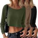 Neer 3 Pack Women's Cropped Long Sleeve Tops, Scoop Neck Loose Fit Sweatshirt Drop Shoulder Casual Basic Crop Tees (Khaki, Army Green, Black)