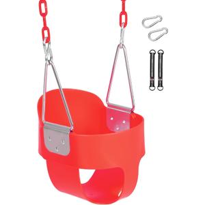 Toddler Swing Seat with Coated Chains, Heavy Duty Kids High Back Bucket Swings with Tree Straps and Hooks for Outdoor, Playground, Backyard, Swing Set Accessories by Domaker, Red