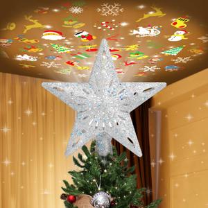 PliMook Christmas Tree Topper Lighted with 6 Patterns Projector, Christmas Tree Star Topper Built-in 3D Glitter LED Rotating Lights, Silver Tree Topper Christmas Decoration for Xmas Party Holiday