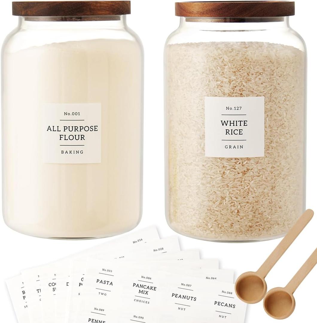 2 PCS Large Glass Jar with Airtight Lid, 1 Gallon Glass Jar with lid for Tea,Spice,Cereal, Egg,Flour,Coffee and More,Canning Jars with Leakproof Lid for Kitchen(with 132 Pantry Labels)