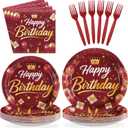 96Pcs Burgundy Birthday Party Decorations Maroon Wine Red Gold Birthday Paper Plates and Napkins Sets Red Golden Burgundy Theme Decorations for Winter Holiday Bday Dinner Party Supplies Serves 24