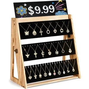 Bulado Necklace Display for Vendors, Foldable Necklace Holder with 66 Slots, 3 Tier Jewelry Display for Selling, Wood Jewelry Storage Organizer Stand with Black Velvet for Craft Show