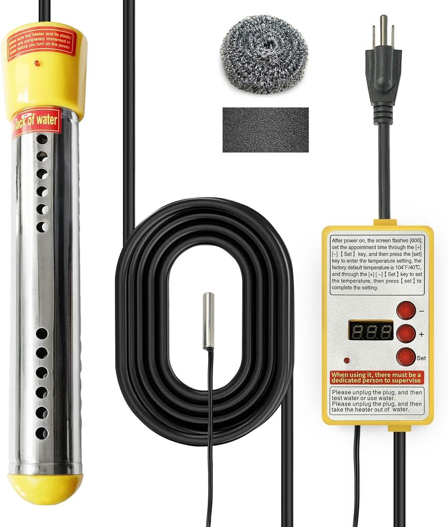 Adjustable Immersion Water Heater 1500W, Portable Stainless Steel Bucket Heater with Thermostat, Auto Shut-Off, Temperature Display, Safety Alarm, Fast Heating for Home, Bath, Camping, RV (Yellow)