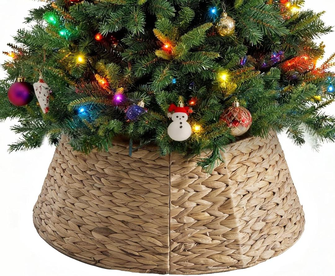 Sweetcrispy 24inch Christmas Tree Collar for 4-7ft Trees, Woven Hyacinth Rattan 4-Panel Collar w/Cord Access Hole & Easy Lock Design,Woven Natural