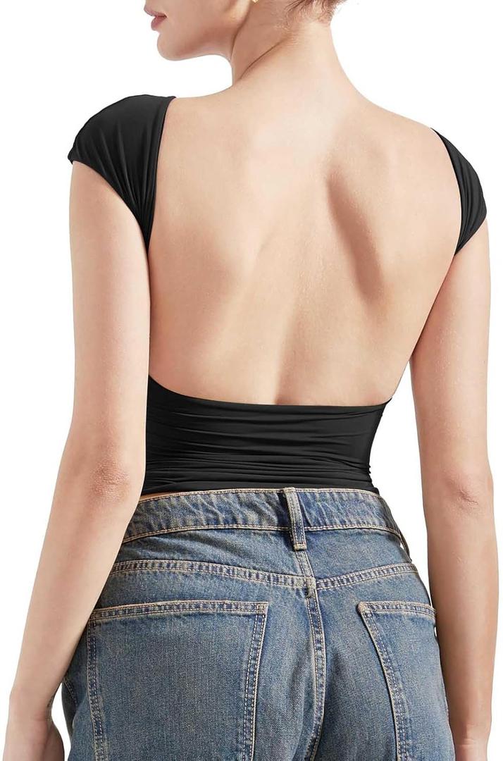 SUUKSESS Women Backless Sexy Going Out Tops Double Lined Open Back Y2k Basic Tee Shirts (Black, M)