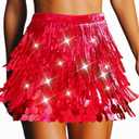 CLOACE Sequin Skirt Sparkly Belly Dance Hip Scarf Fringe Skirts for Women (Red)