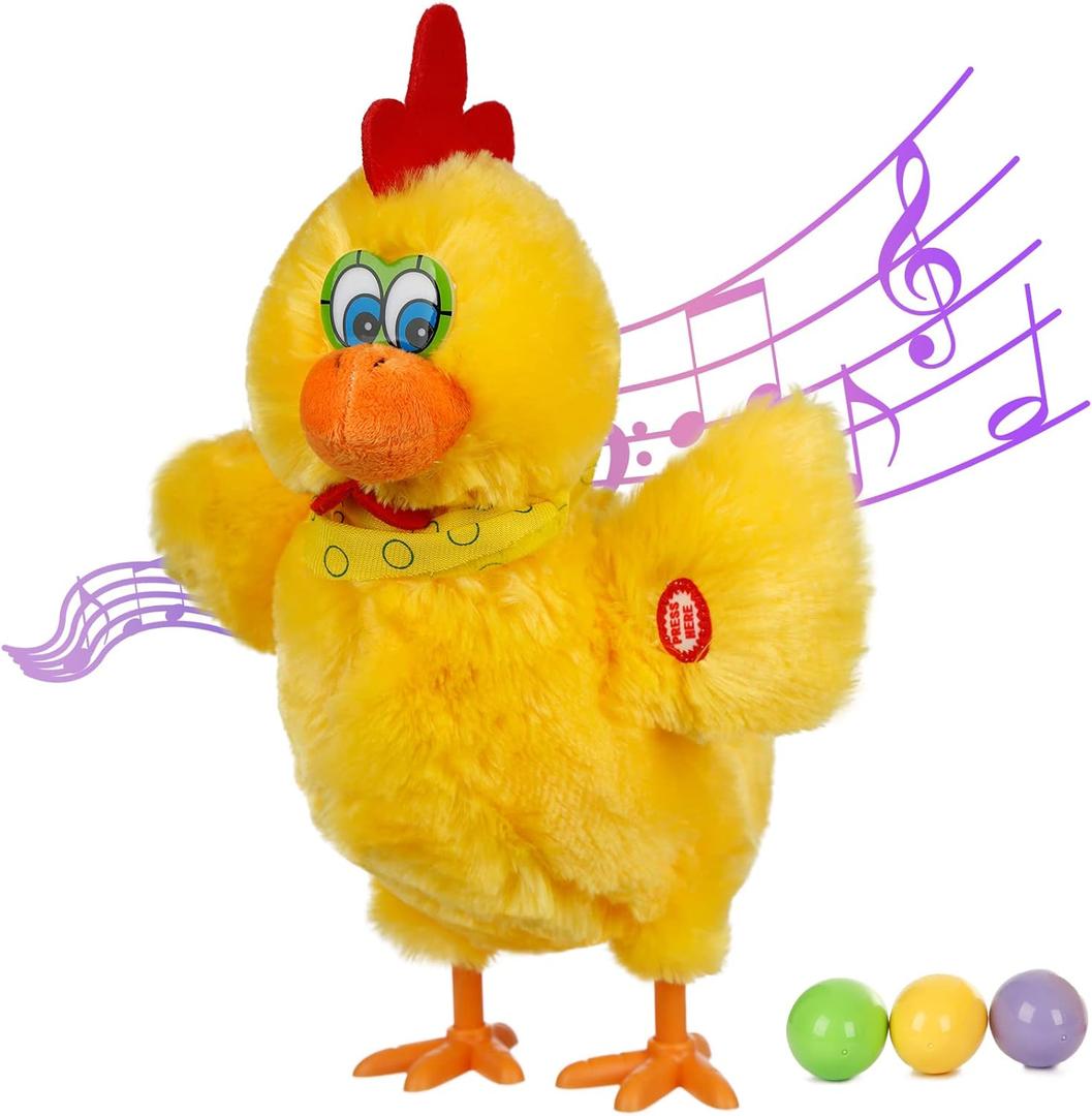 Easter Toys Chicken Laying Eggs Electric Chicken Stuffed Animal Dancing Toy Stuffed Plush Toy with Music (Yellow & Red)