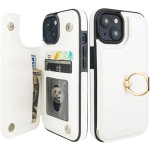ONETOP for iPhone 15 Wallet Case with Card Holder, 360 Rotation Ring Kickstand RFID Blocking PU Leather Double Magnetic Clasp Shockproof Cover for Women and Girls 6.1 Inch (White)