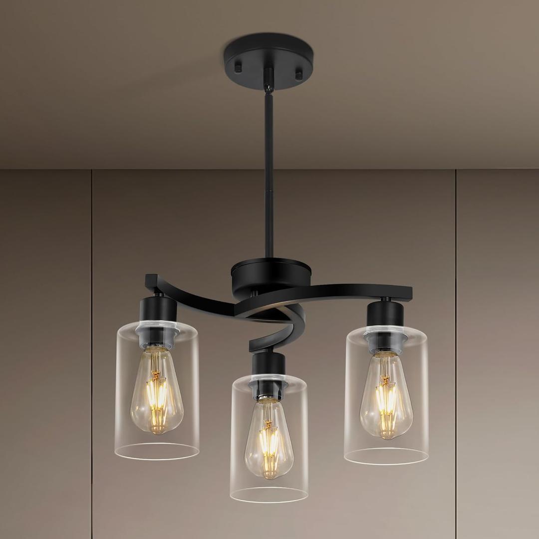 3 Light Modern Dining Chandeliers Over TableBlack Light Fixture for Dining RoomFarmhouse Chandelier with Glass ShadeIndustrial Pendant Lights Kitchen IslandFoyer,Hallway, Bedroom