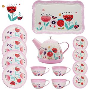Pink Tea Set for Little Girls,Flower Design Tea Party Set,Princess Tea Time Toys Teapot Dishes Kitchen Pretend Play Tin Tea Party Set for Girls